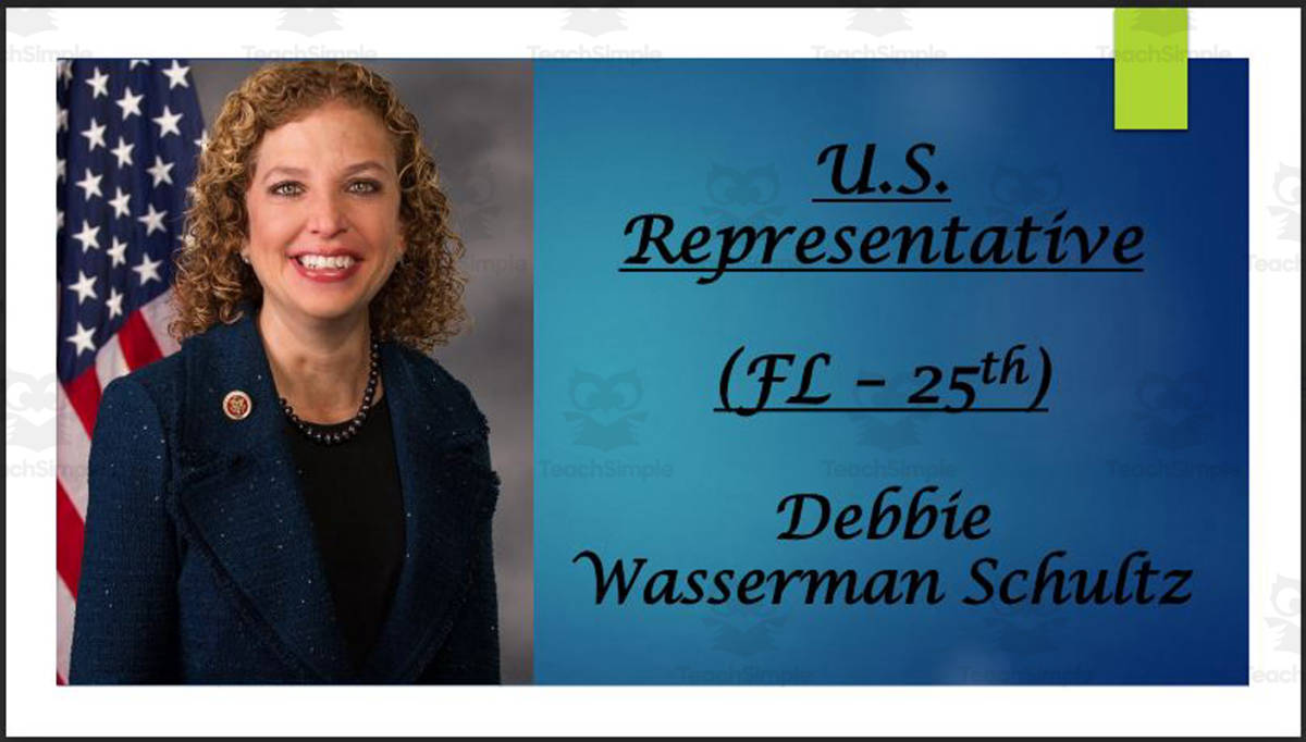 An educational teaching resource from Mr. Matthews Teacher Store entitled U.S. Representative Debbie Wasserman Schultz (FL - 25th) BIO PPT downloadable at Teach Simple.