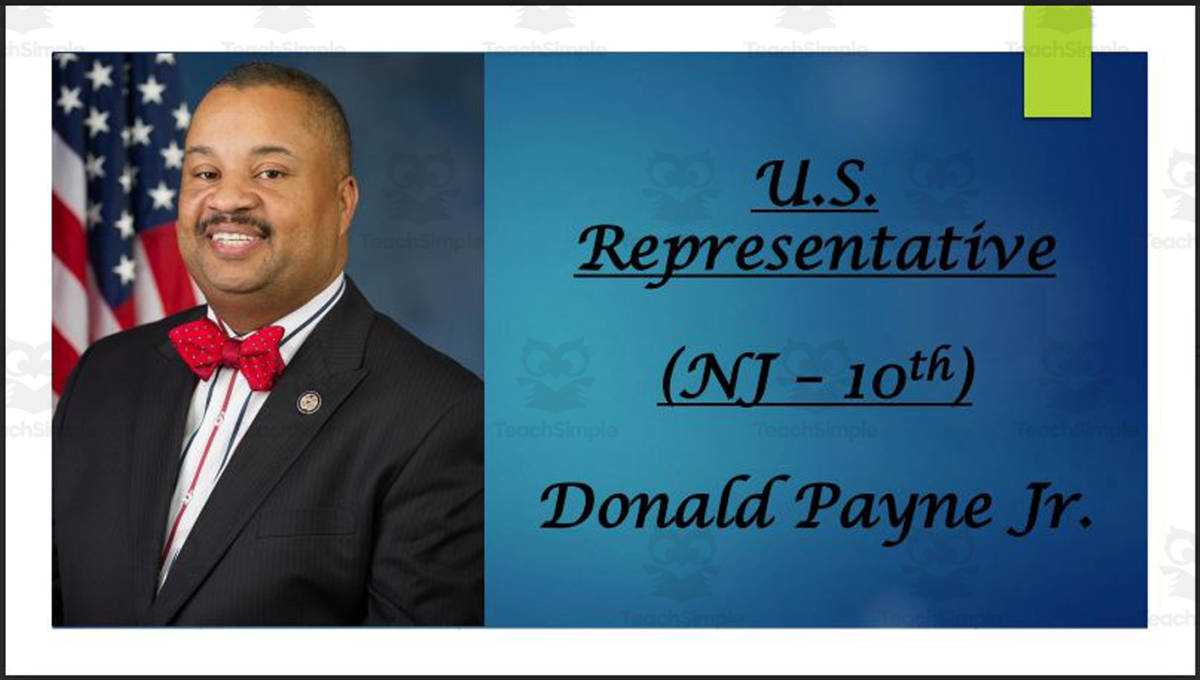 An educational teaching resource from Mr. Matthews Teacher Store entitled U.S. Representative Donald Payne Jr. (NJ - 10th) BIO PPT downloadable at Teach Simple.
