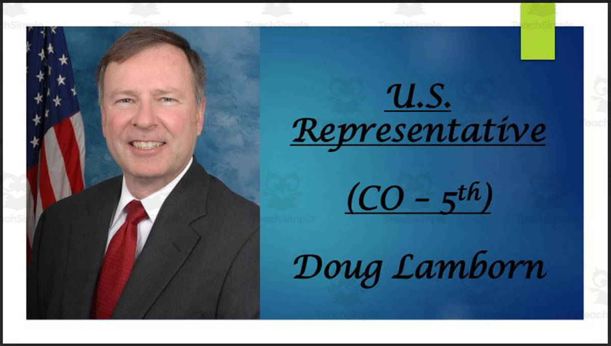 An educational teaching resource from Mr. Matthews Teacher Store entitled U.S. Representative Doug Lamborn (CO - 5th) BIO PPT downloadable at Teach Simple.