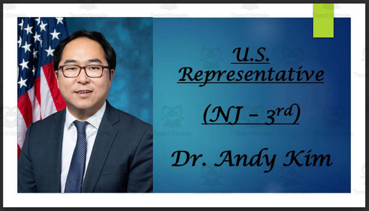 An educational teaching resource from Mr. Matthews Teacher Store entitled U.S. Representative Dr. Andy Kim (NJ - 3rd) BIO PPT downloadable at Teach Simple.