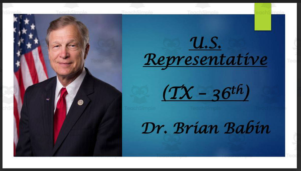 An educational teaching resource from Mr. Matthews Teacher Store entitled U.S. Representative Dr. Brian Babin (TX - 36th) BIO PPT downloadable at Teach Simple.