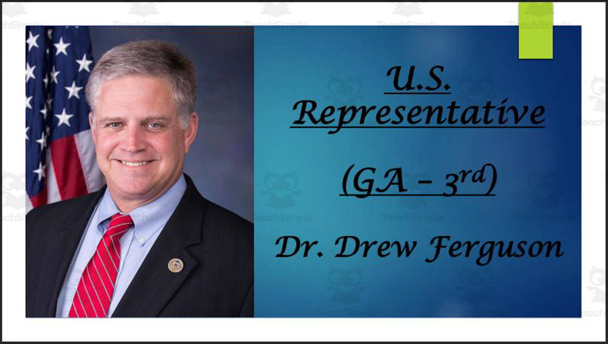 An educational teaching resource from Mr. Matthews Teacher Store entitled U.S. Representative Dr. Drew Ferguson (GA - 3rd) BIO PPT downloadable at Teach Simple.