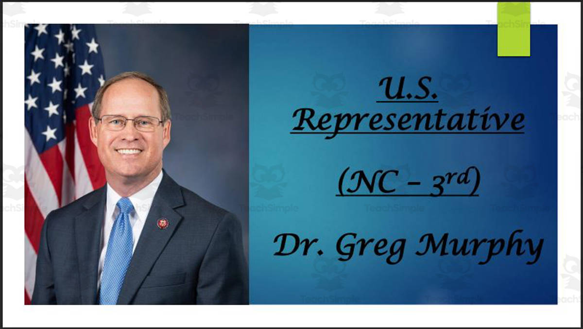 An educational teaching resource from Mr. Matthews Teacher Store entitled Rep. Greg Murphy Biography – 30-Slide PowerPoint downloadable at Teach Simple.