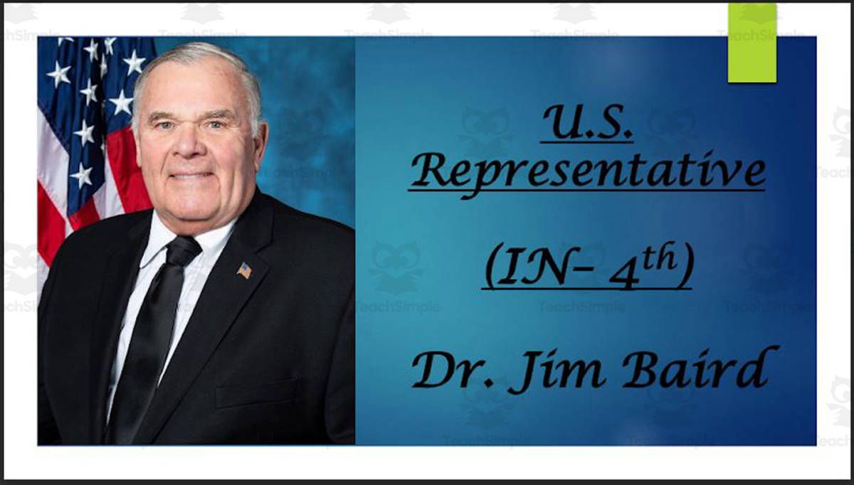 An educational teaching resource from Mr. Matthews Teacher Store entitled U.S. Representative Dr. Jim Baird (IN - 4th) BIO PPT downloadable at Teach Simple.