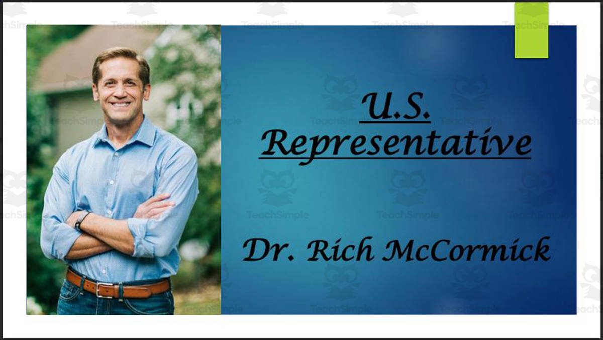 An educational teaching resource from Mr. Matthews Teacher Store entitled U.S. Representative Dr. Rich McCormick (GA - 6th) BIO PPT downloadable at Teach Simple.