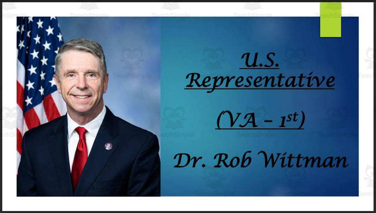 An educational teaching resource from Mr. Matthews Teacher Store entitled U.S. Representative Dr. Rob Wittman (VA - 1st) BIO PPT downloadable at Teach Simple.