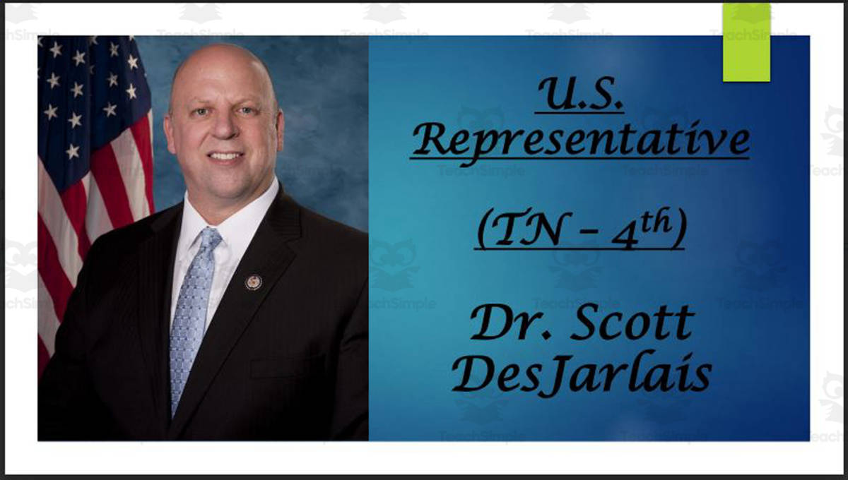 An educational teaching resource from Mr. Matthews Teacher Store entitled U.S. Representative Dr. Scott DesJarlais (TN - 4th) BIO PPT downloadable at Teach Simple.