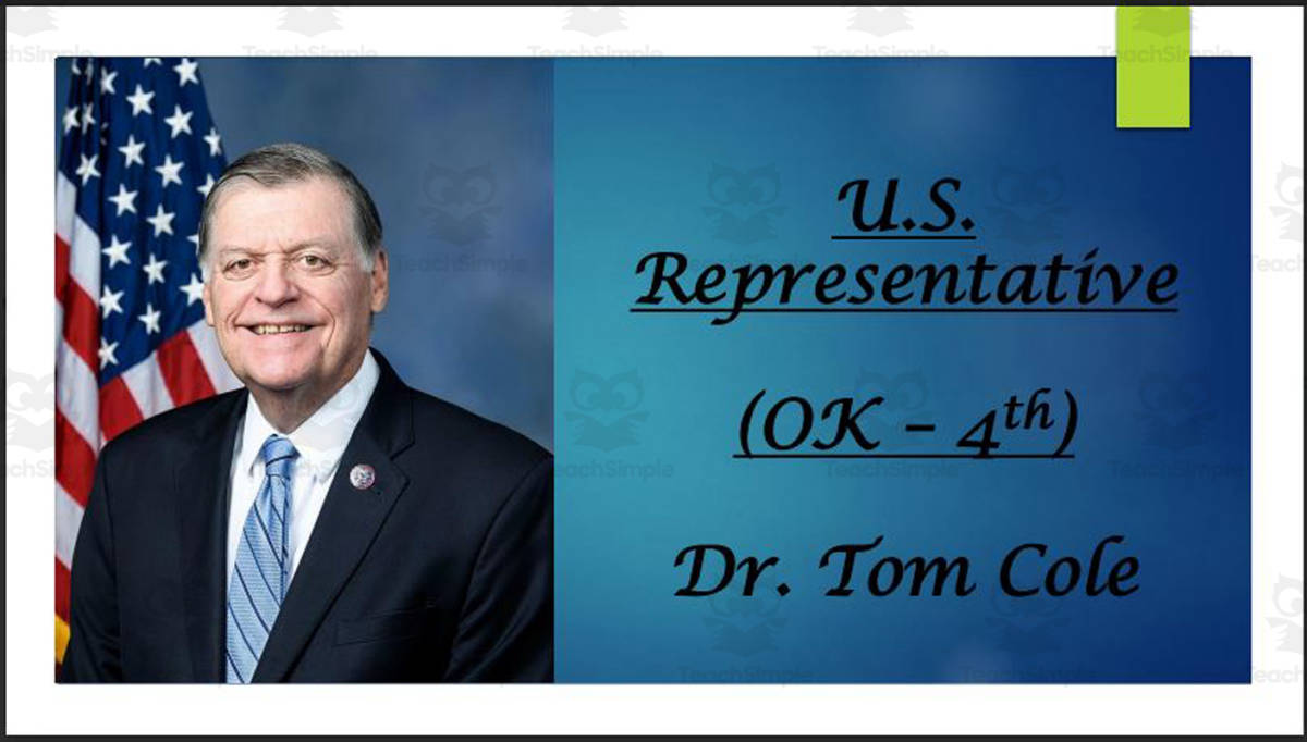 An educational teaching resource from Mr. Matthews Teacher Store entitled U.S. Representative Dr. Tom Cole (OK - 4th) BIO PPT downloadable at Teach Simple.