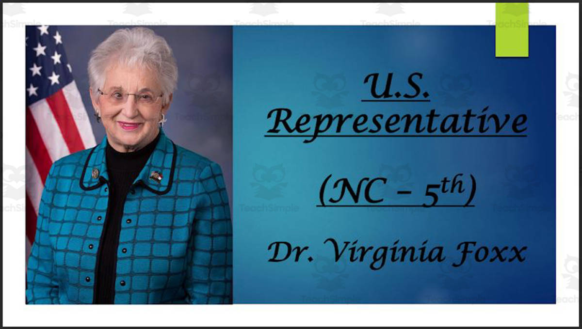 An educational teaching resource from Mr. Matthews Teacher Store entitled U.S. Representative Dr. Virginia Foxx (NC - 5th) BIO PPT downloadable at Teach Simple.