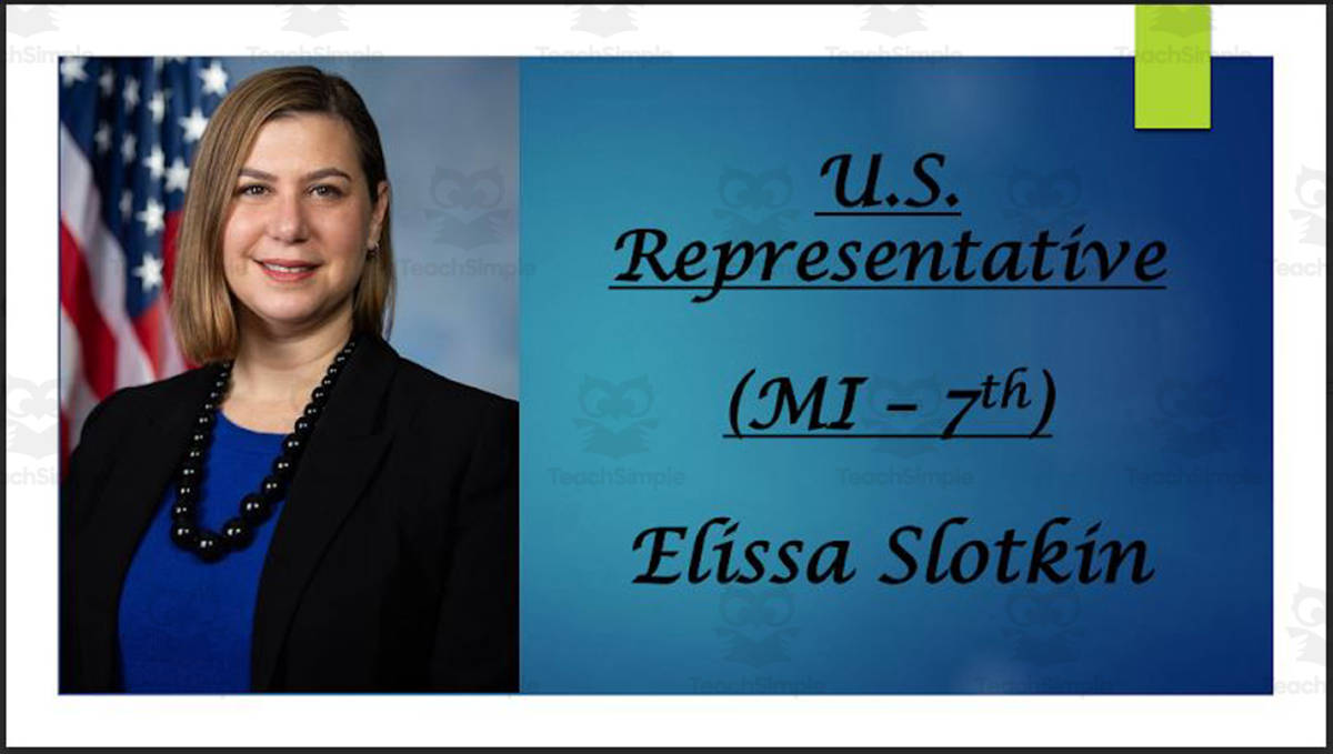 An educational teaching resource from Mr. Matthews Teacher Store entitled U.S. Representative Elissa Slotkin (MI - 7th) BIO PPT downloadable at Teach Simple.