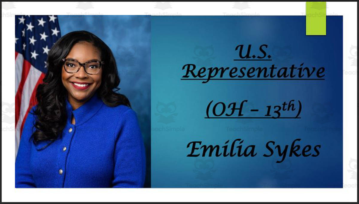 An educational teaching resource from Mr. Matthews Teacher Store entitled U.S. Representative Emilia Sykes (OH - 13th) BIO PPT downloadable at Teach Simple.
