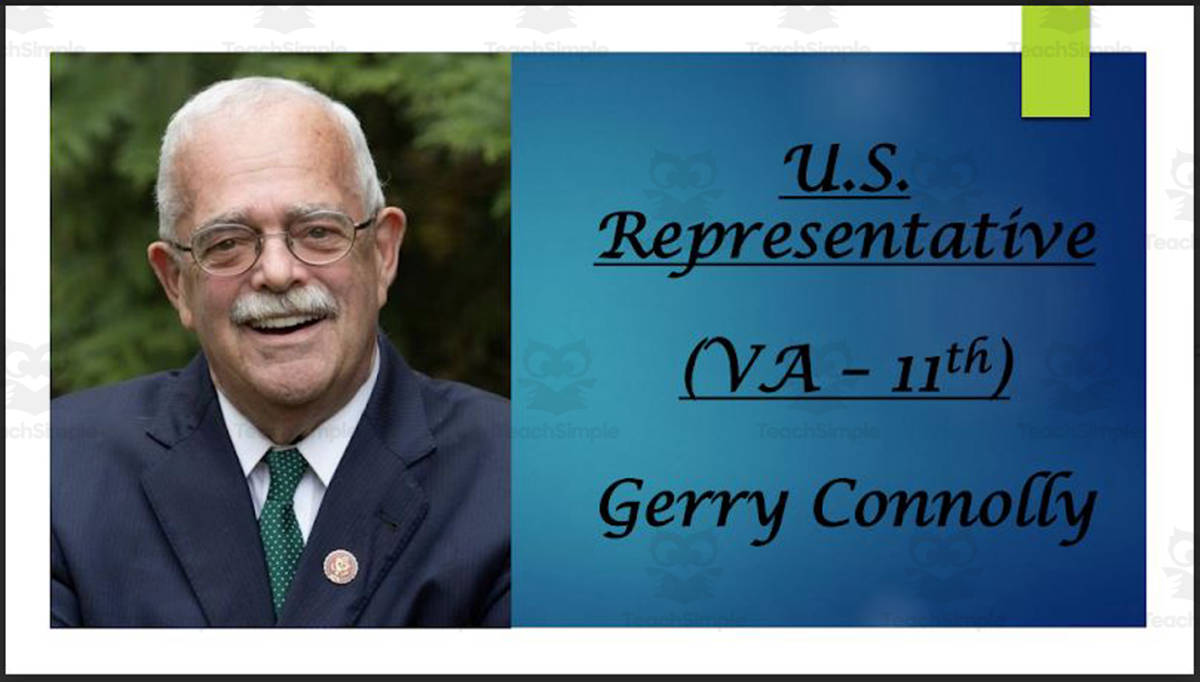 An educational teaching resource from Mr. Matthews Teacher Store entitled U.S. Representative Gerry Connolly (VA - 11th) BIO PPT downloadable at Teach Simple.