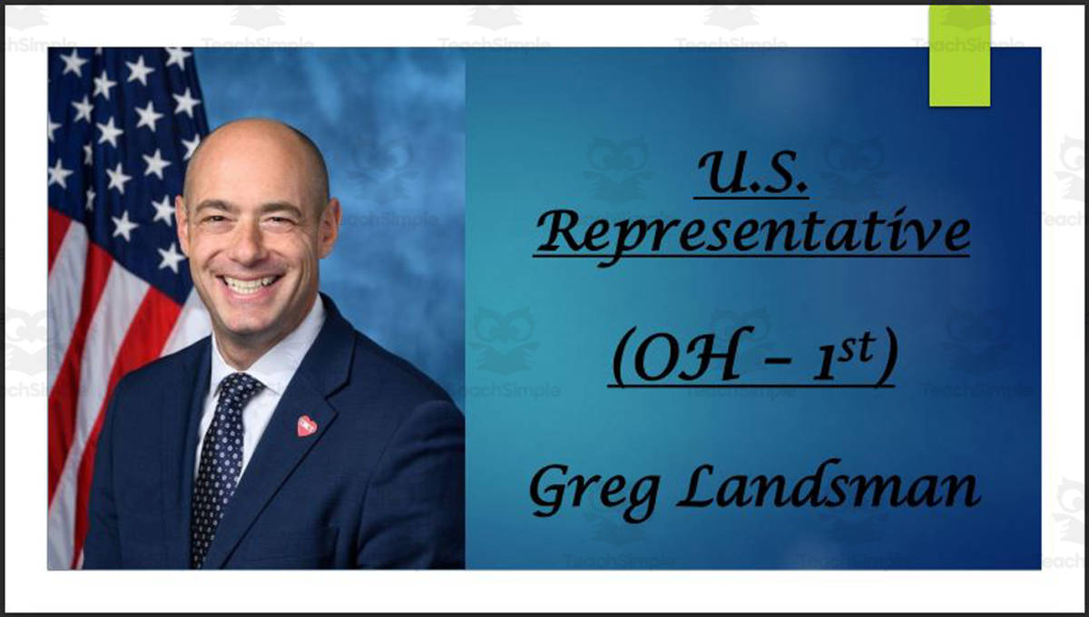 An educational teaching resource from Mr. Matthews Teacher Store entitled U.S. Representative Greg Landsman (OH) BIO PPT downloadable at Teach Simple.
