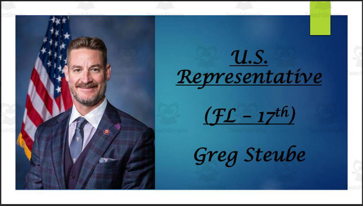 An educational teaching resource from Mr. Matthews Teacher Store entitled U.S. Representative Greg Steube (FL - 17th) BIO PPT downloadable at Teach Simple.