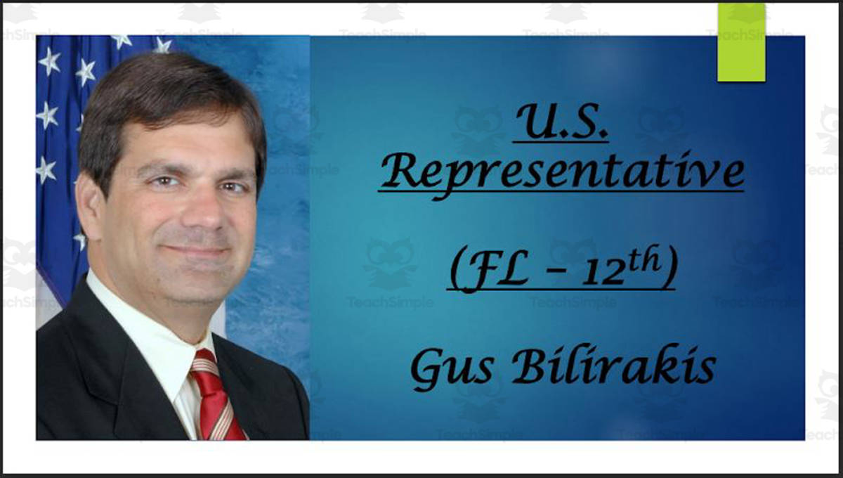 An educational teaching resource from Mr. Matthews Teacher Store entitled U.S. Representative Gus Bilirakis (FL - 12th) BIO PPT downloadable at Teach Simple.