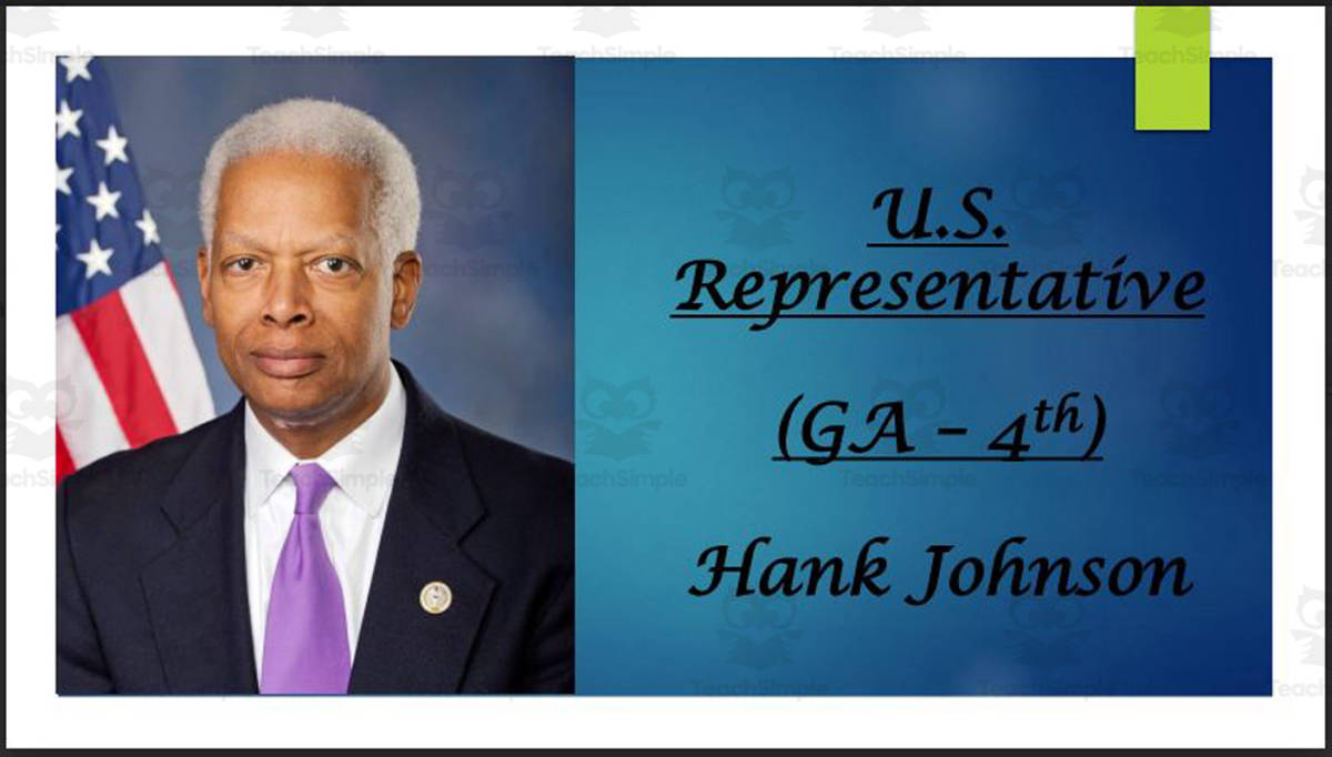An educational teaching resource from Mr. Matthews Teacher Store entitled U.S. Representative Hank Johnson (GA - 4th) BIO PPT downloadable at Teach Simple.