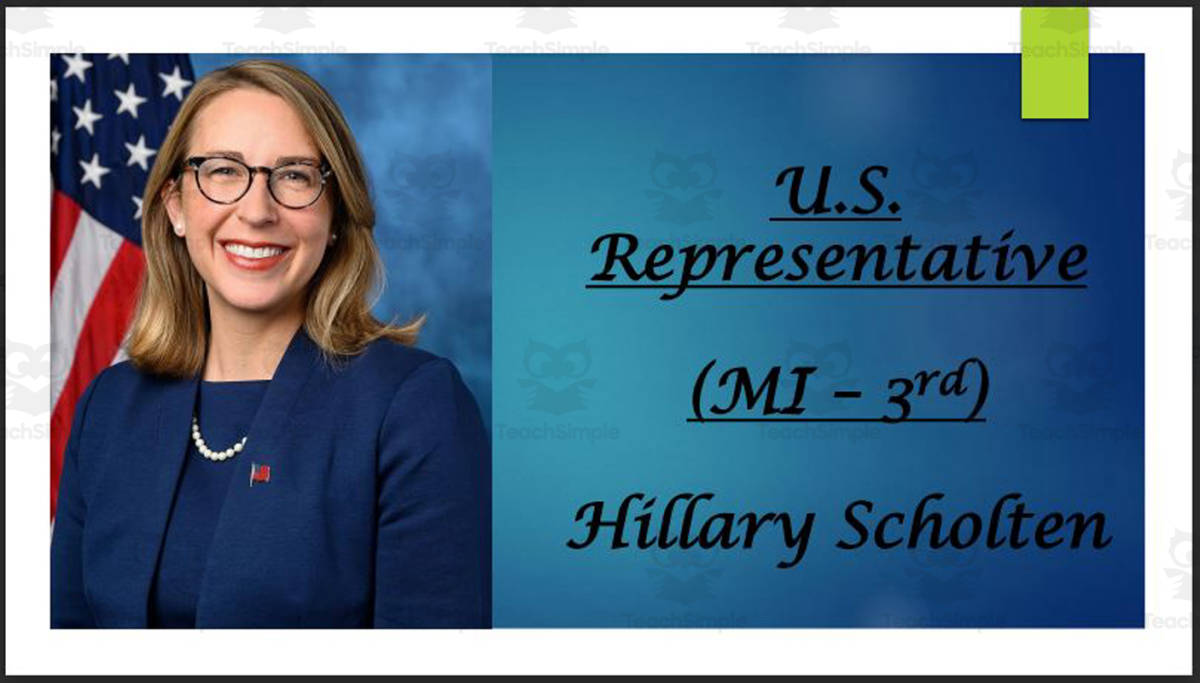 An educational teaching resource from Mr. Matthews Teacher Store entitled U.S. Representative Hillary Scholten (MI - 3rd) BIO PPT downloadable at Teach Simple.