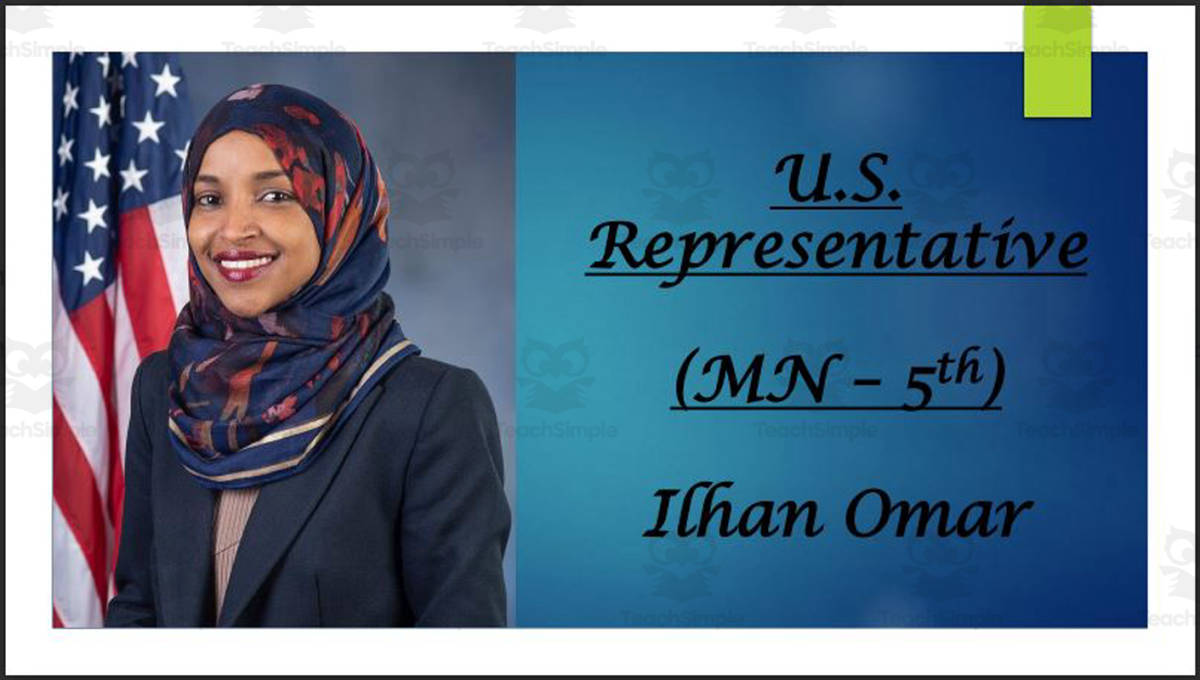 An educational teaching resource from Mr. Matthews Teacher Store entitled U.S. Representative Ilhan Omar (MN - 5th) BIO PPT downloadable at Teach Simple.
