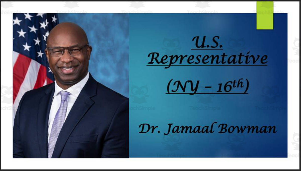 An educational teaching resource from Mr. Matthews Teacher Store entitled U.S. Representative Jamaal Bowman (NY - 16th) BIO PPT downloadable at Teach Simple.