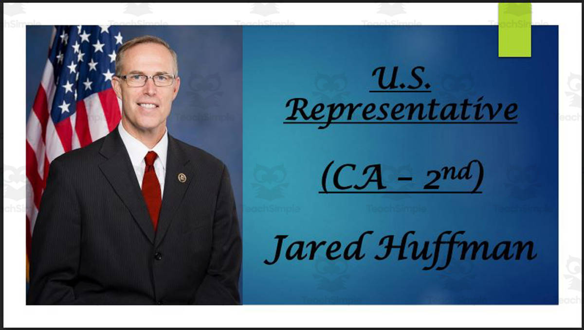 An educational teaching resource from Mr. Matthews Teacher Store entitled U.S. Representative Jared Huffman (CA - 2nd) BIO PPT downloadable at Teach Simple.