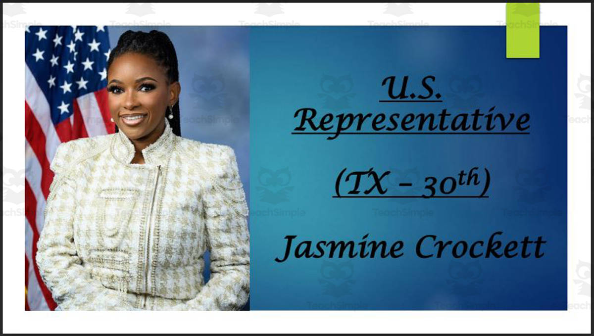 An educational teaching resource from Mr. Matthews Teacher Store entitled U.S. Representative Jasmine Crockett (TX - 30th) BIO PPT downloadable at Teach Simple.