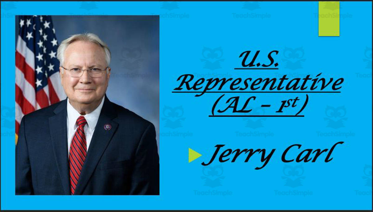 An educational teaching resource from Mr. Matthews Teacher Store entitled U.S. Representative Jerry Carl (AL - 1st) Biography PowerPoint downloadable at Teach Simple.