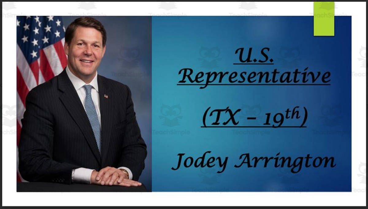 An educational teaching resource from Mr. Matthews Teacher Store entitled U.S. Representative Jodey Arrington (TX - 19th) BIO PPT downloadable at Teach Simple.