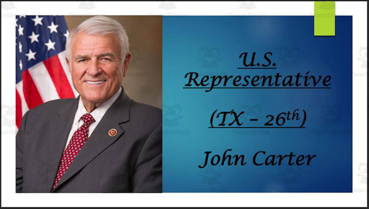 An educational teaching resource from Mr. Matthews Teacher Store entitled U.S. Representative John Carter (TX - 31st) BIO PPT downloadable at Teach Simple.