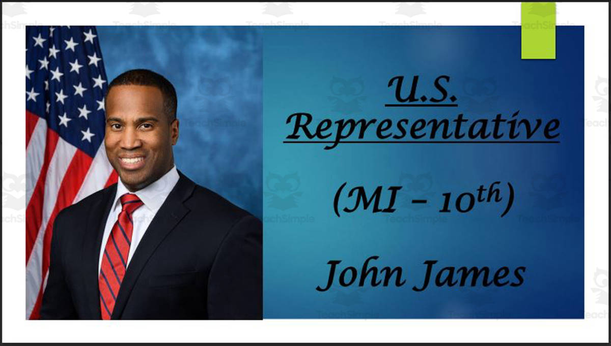 An educational teaching resource from Mr. Matthews Teacher Store entitled U.S. Representative John James (MI - 10th) BIO PPT downloadable at Teach Simple.