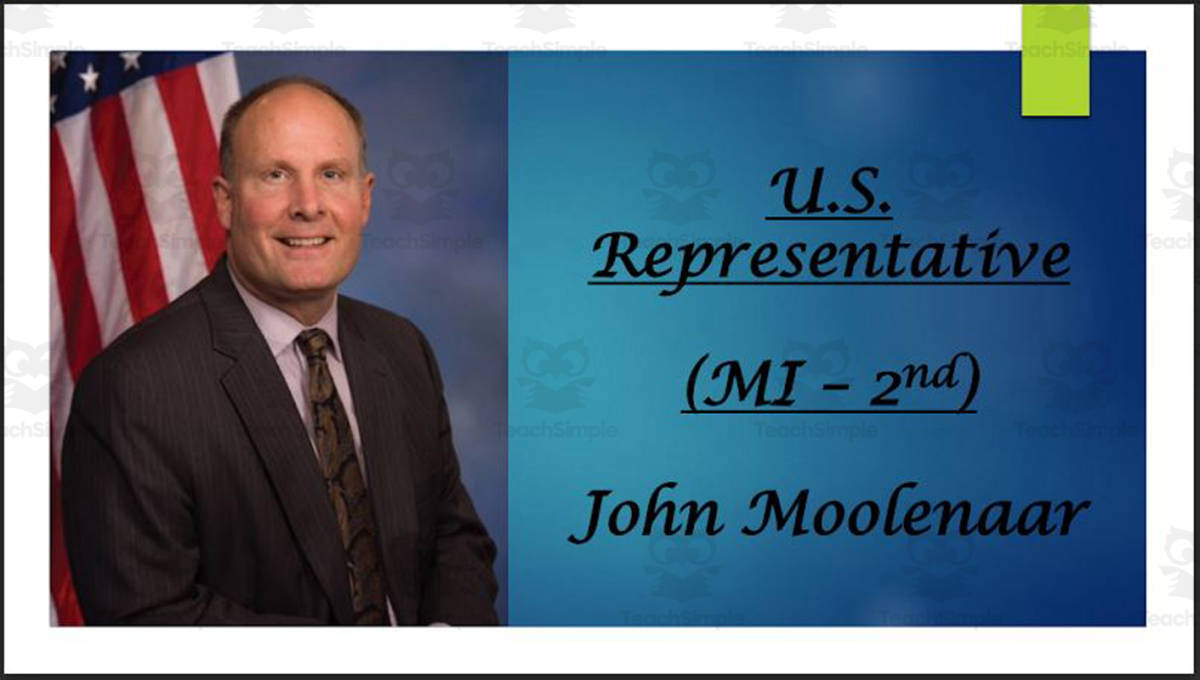 An educational teaching resource from Mr. Matthews Teacher Store entitled U.S. Representative John Moolenaar (MI - 2nd) BIO PPT downloadable at Teach Simple.
