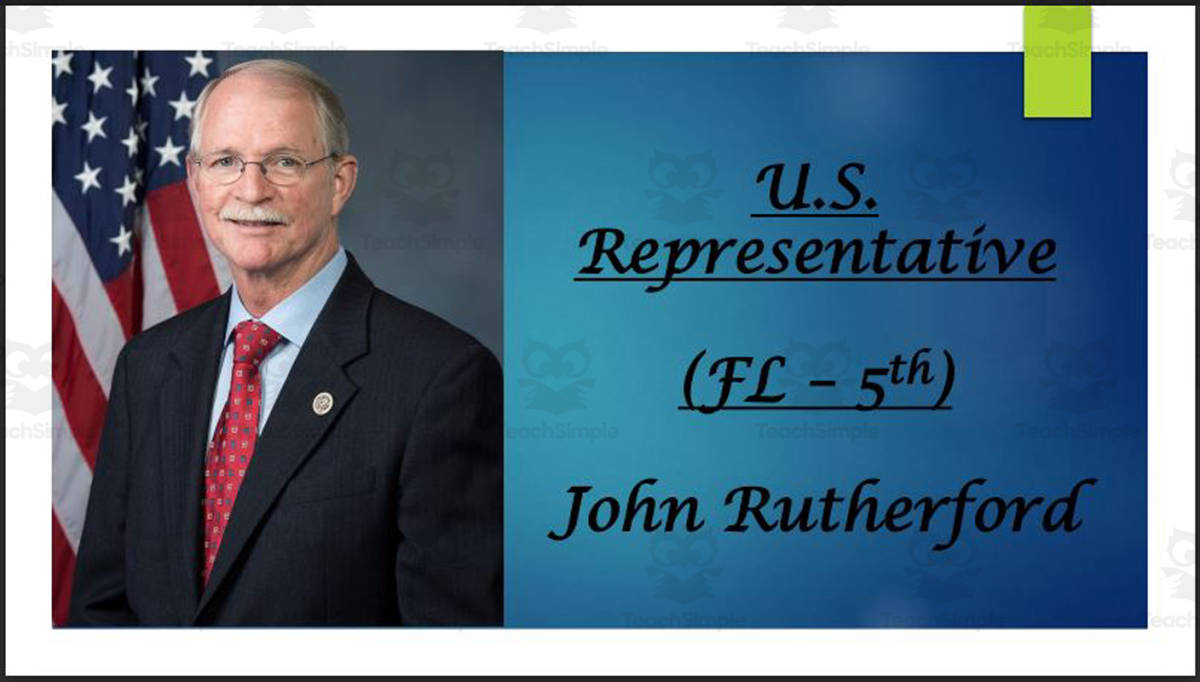 An educational teaching resource from Mr. Matthews Teacher Store entitled U.S. Representative John Rutherford (FL - 5th) BIO PPT downloadable at Teach Simple.