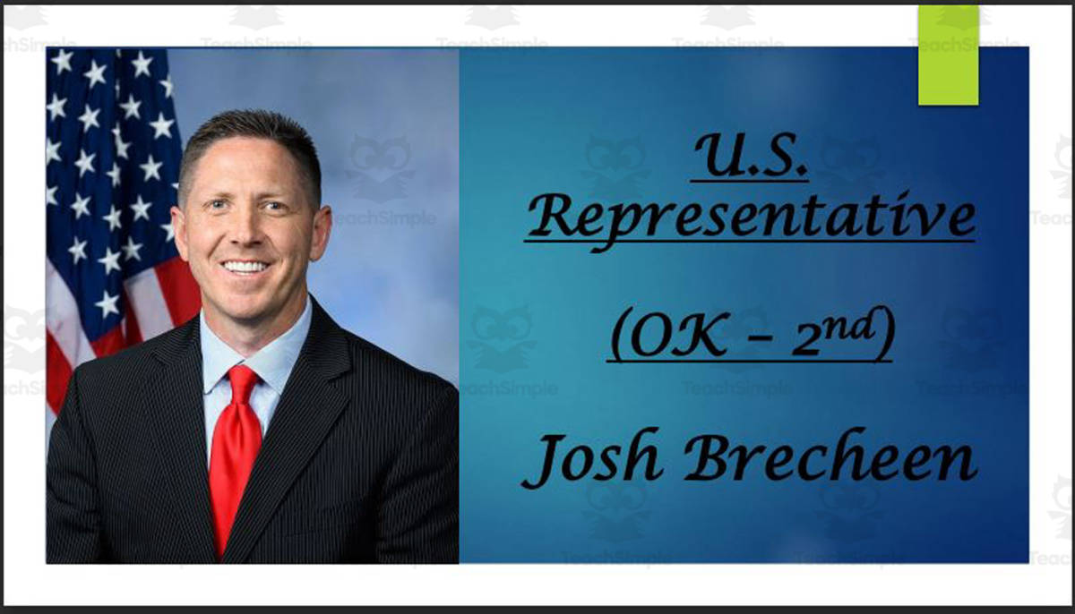 An educational teaching resource from Mr. Matthews Teacher Store entitled U.S. Representative Josh Brecheen (OK - 2nd) BIO PPT downloadable at Teach Simple.