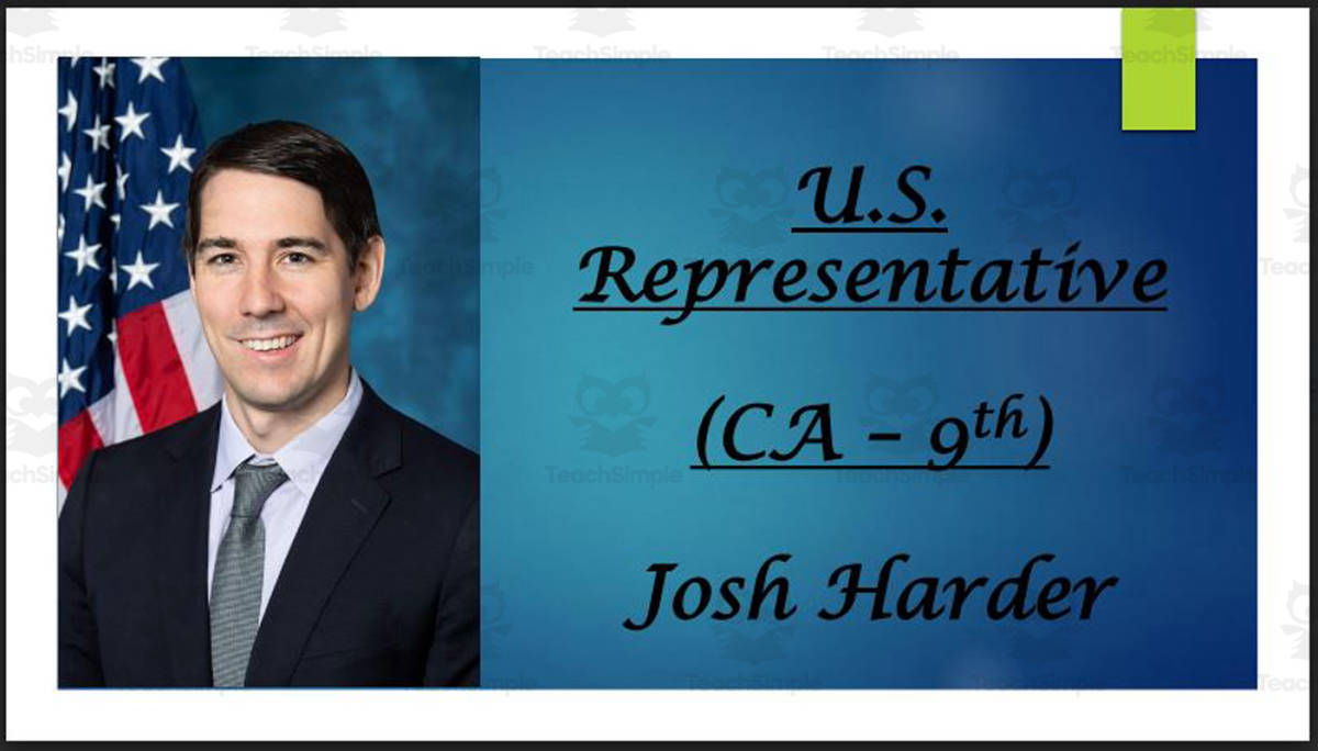 An educational teaching resource from Mr. Matthews Teacher Store entitled U.S. Representative Josh Harder (CA - 9th) BIO PPT downloadable at Teach Simple.