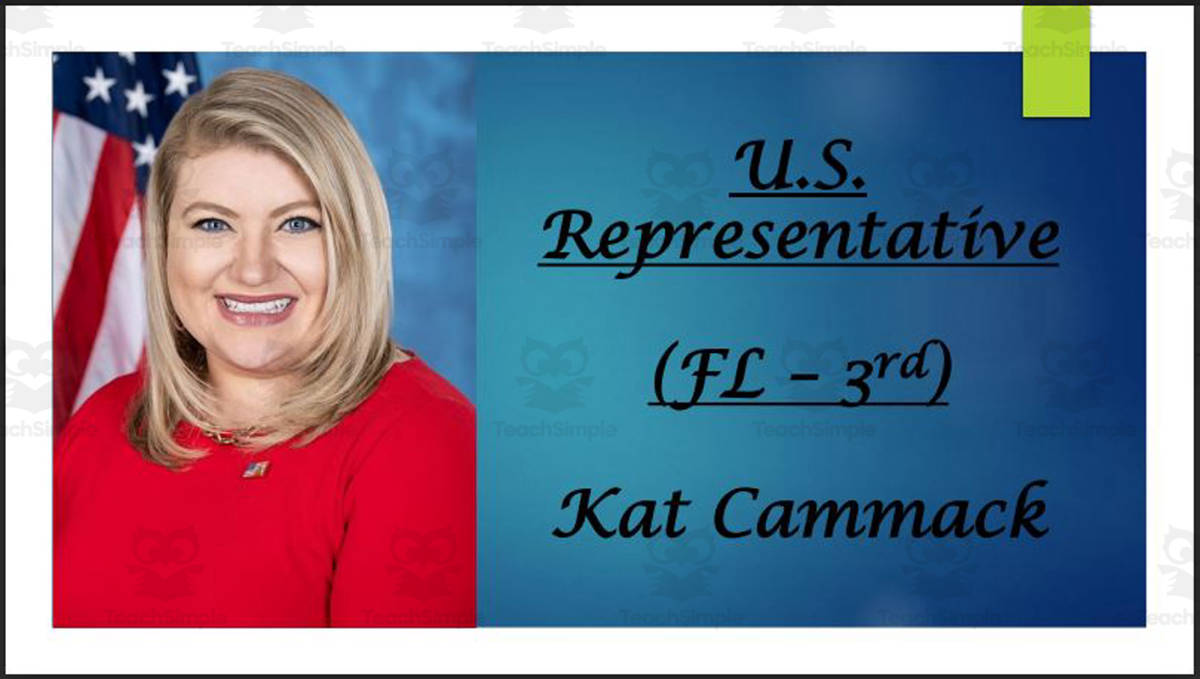 An educational teaching resource from Mr. Matthews Teacher Store entitled U.S. Representative Kat Cammack (FL - 3rd) BIO PPT downloadable at Teach Simple.