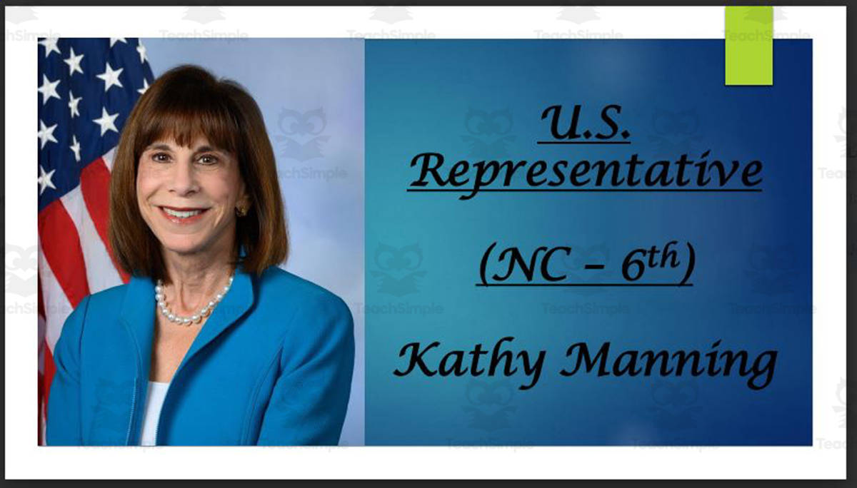 An educational teaching resource from Mr. Matthews Teacher Store entitled U.S. Representative Kathy Manning (NC - 6th) BIO PPT downloadable at Teach Simple.