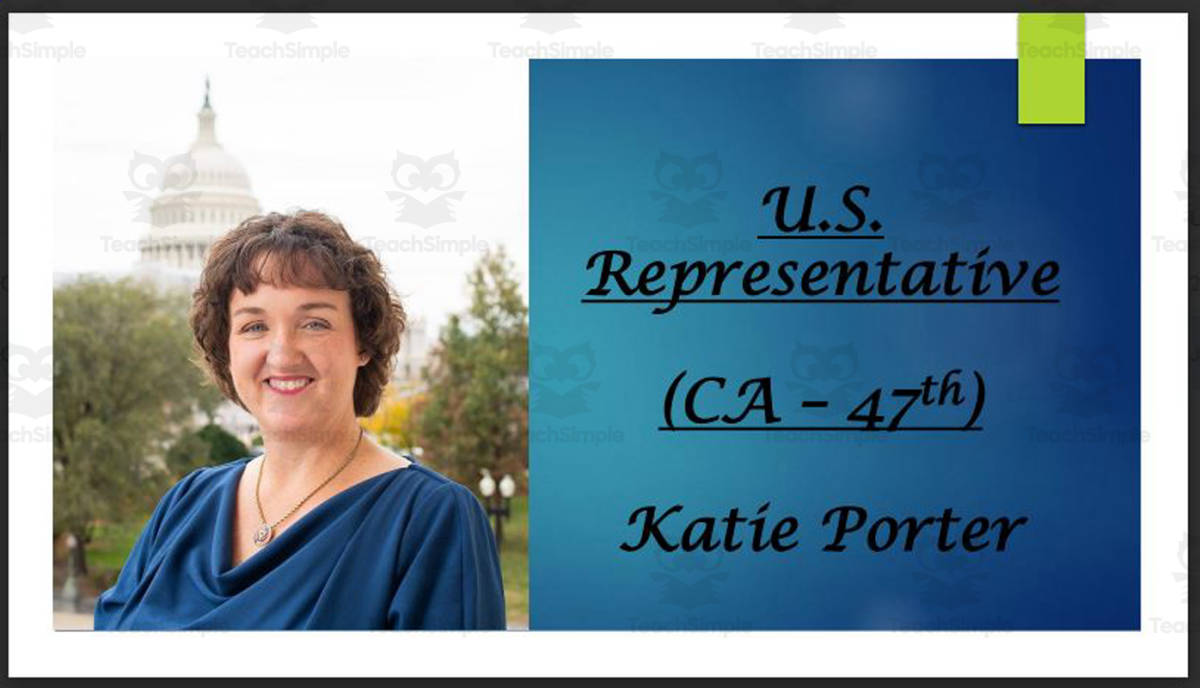 An educational teaching resource from Mr. Matthews Teacher Store entitled U.S. Representative Katie Porter (CA - 47th) BIO PPT downloadable at Teach Simple.