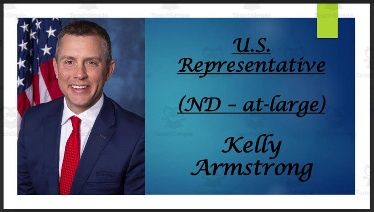 An educational teaching resource from Mr. Matthews Teacher Store entitled U.S. Representative Kelly Armstrong (ND: at-large) BIO PPT downloadable at Teach Simple.