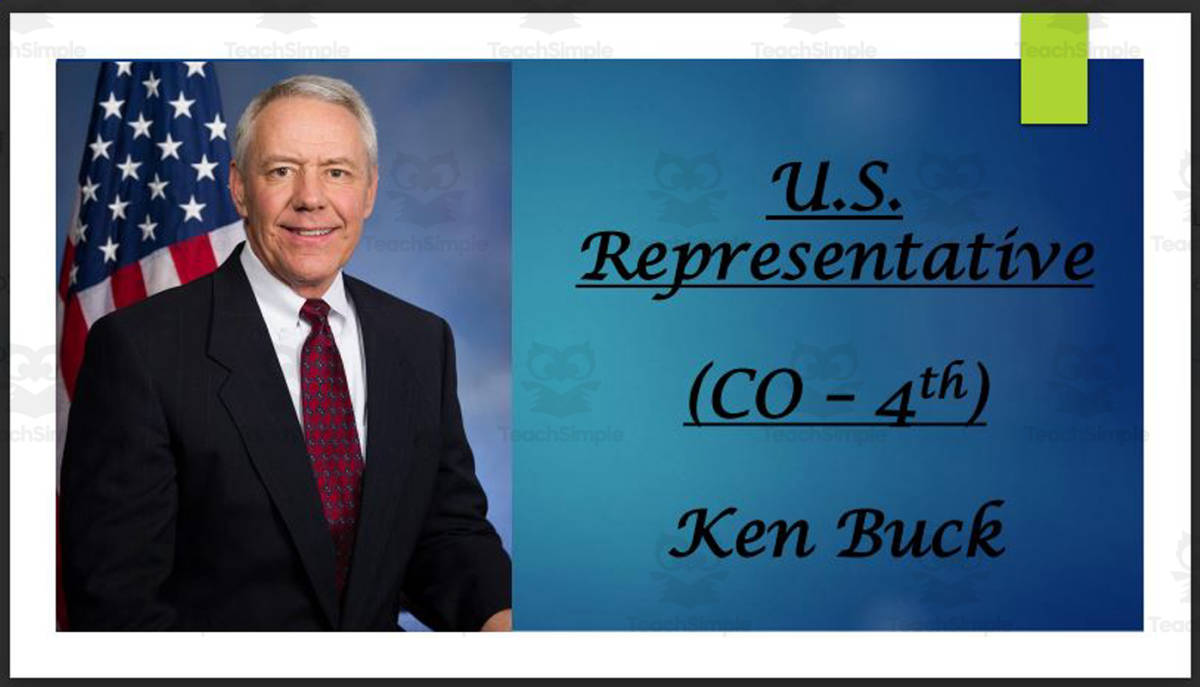 An educational teaching resource from Mr. Matthews Teacher Store entitled U.S. Representative Ken Buck (CO - 4th) BIO PPT downloadable at Teach Simple.