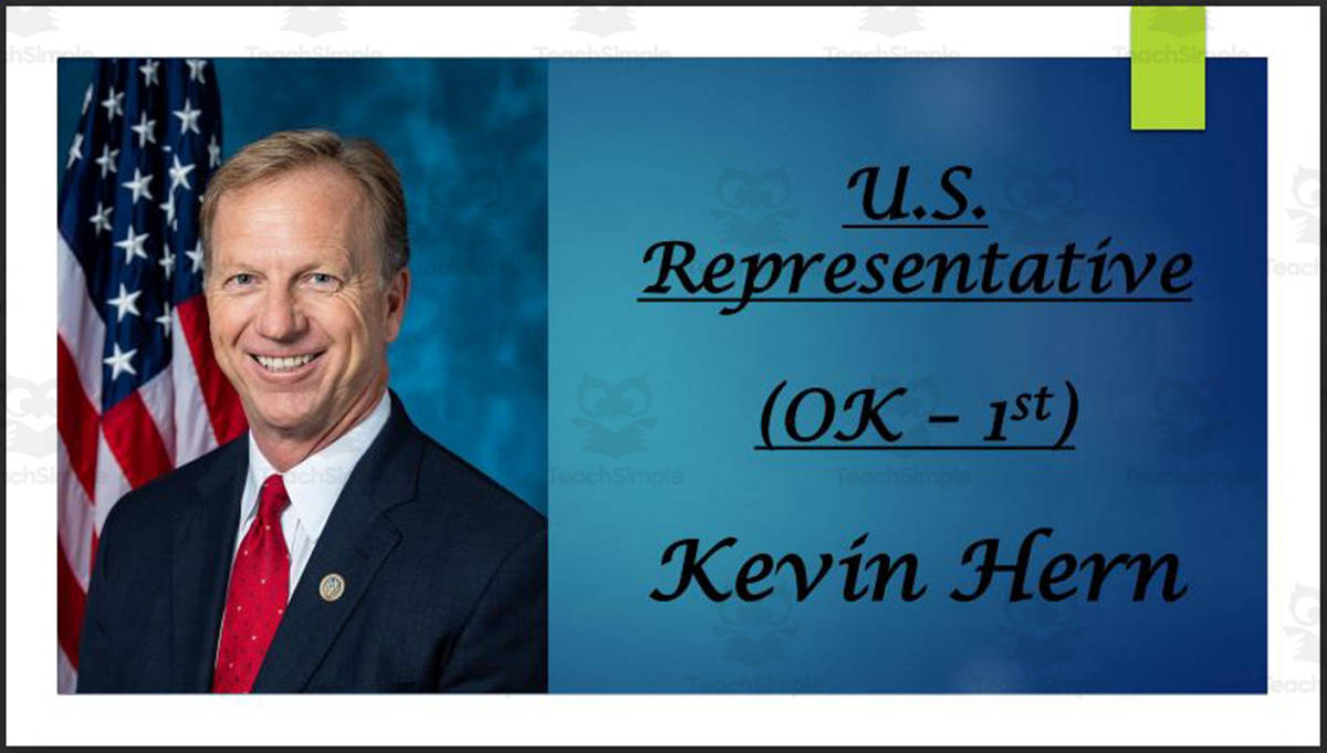 An educational teaching resource from Mr. Matthews Teacher Store entitled U.S. Representative Kevin Hern (OK - 1st) BIO PPT downloadable at Teach Simple.