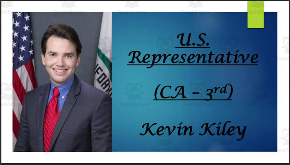 An educational teaching resource from Mr. Matthews Teacher Store entitled U.S. Representative Kevin Kiley (CA - 3rd) BIO PPT downloadable at Teach Simple.