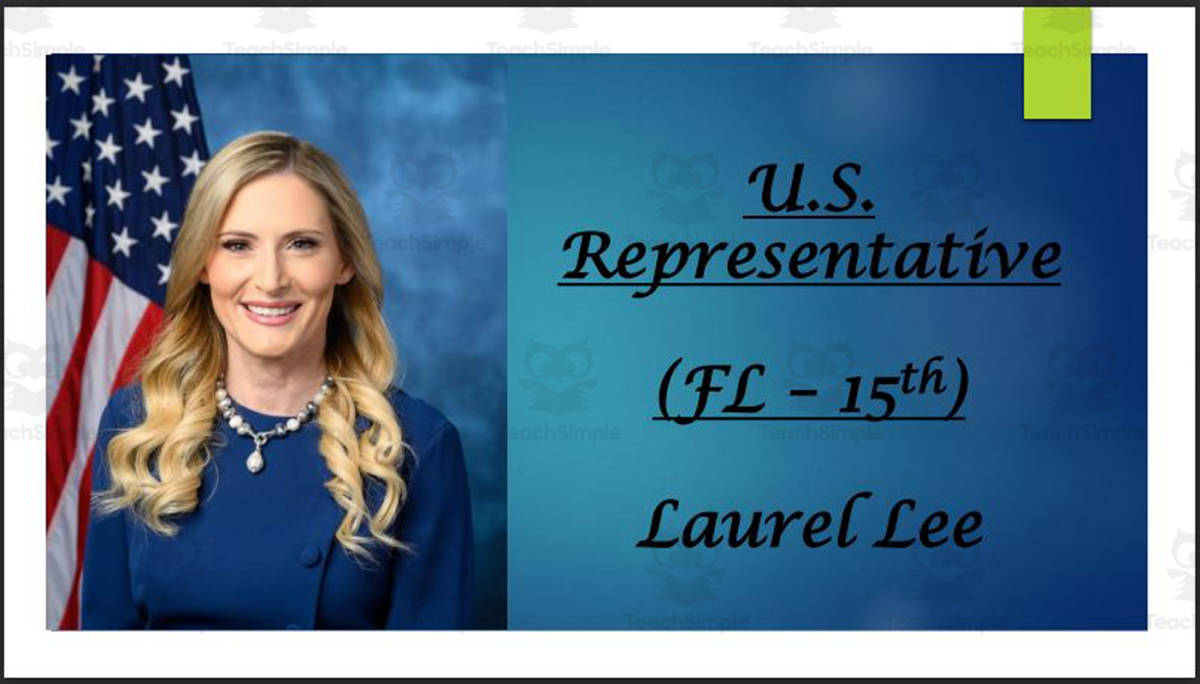 An educational teaching resource from Mr. Matthews Teacher Store entitled U.S. Representative Laurel Lee (FL - 15th) BIO PPT downloadable at Teach Simple.