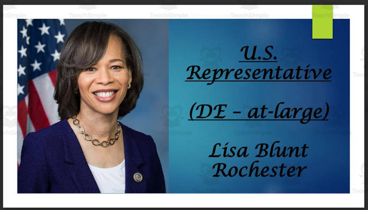 An educational teaching resource from Mr. Matthews Teacher Store entitled U.S. Representative Lisa Blunt Rochester (DE) BIO PPT downloadable at Teach Simple.