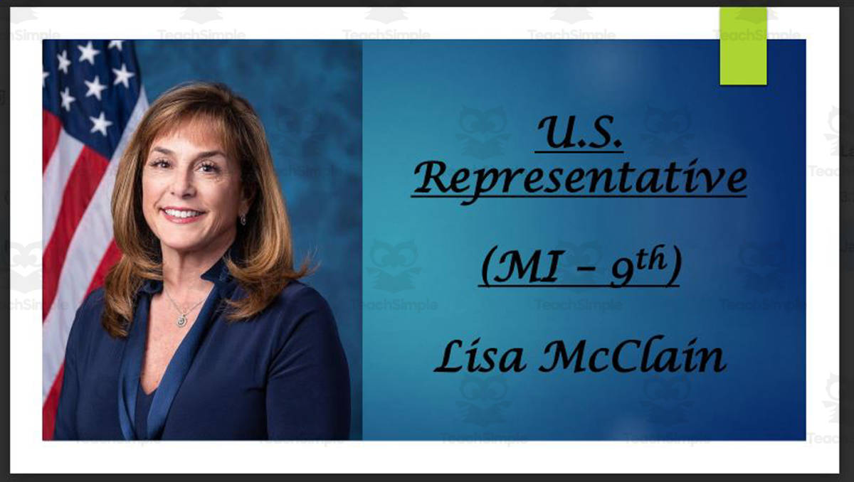 An educational teaching resource from Mr. Matthews Teacher Store entitled U.S. Representative Lisa McClain (MI - 10th) BIO PPT downloadable at Teach Simple.