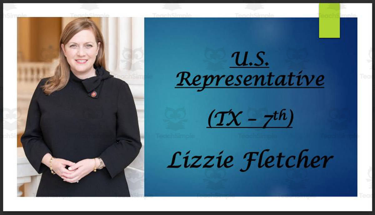 An educational teaching resource from Mr. Matthews Teacher Store entitled U.S. Representative Lizzie Fletcher (TX - 7th) BIO PPT downloadable at Teach Simple.