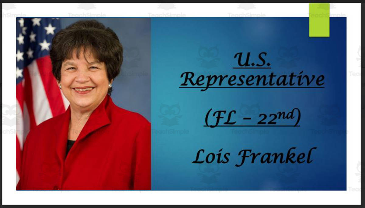 An educational teaching resource from Mr. Matthews Teacher Store entitled U.S. Representative Lois Frankel (FL - 22nd) BIO PPT downloadable at Teach Simple.