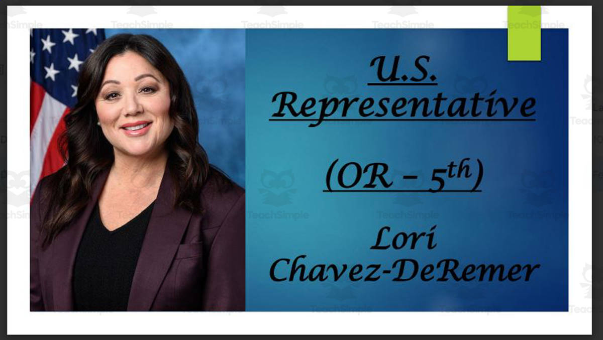 An educational teaching resource from Mr. Matthews Teacher Store entitled U.S. Representative Lori Chavez-DeRemer (OR - 5th) BIO PPT downloadable at Teach Simple.