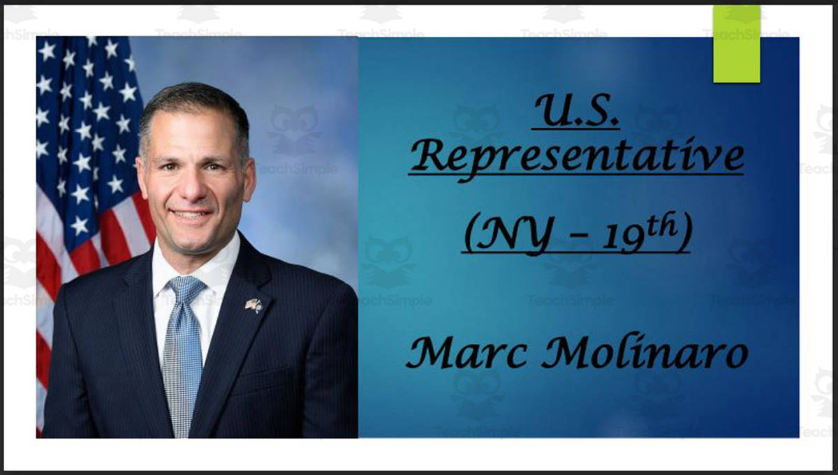 An educational teaching resource from Mr. Matthews Teacher Store entitled U.S. Representative Marc Molinaro (NY - 19th) BIO PPT downloadable at Teach Simple.