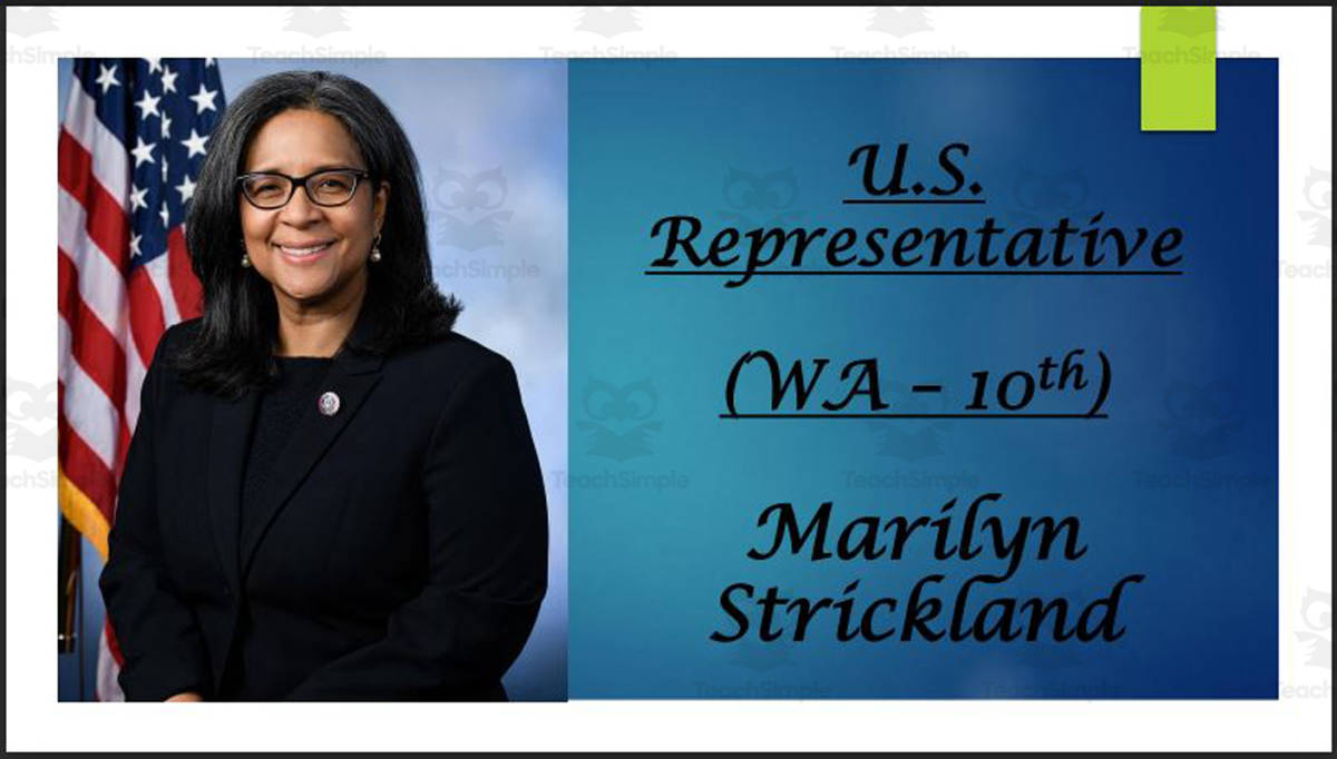 An educational teaching resource from Mr. Matthews Teacher Store entitled U.S. Representative Marilyn Strickland (WA - 10th) BIO PPT downloadable at Teach Simple.