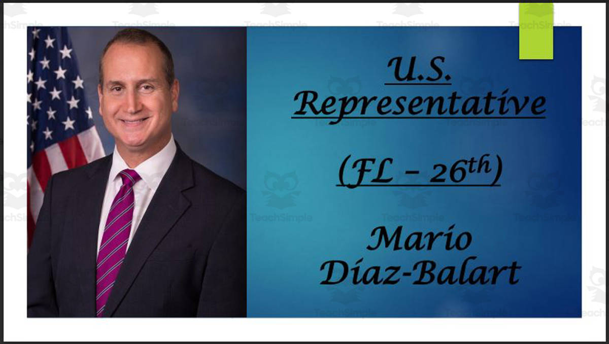 An educational teaching resource from Mr. Matthews Teacher Store entitled U.S. Representative Mario Díaz-Balart (FL - 26th) BIO PPT downloadable at Teach Simple.