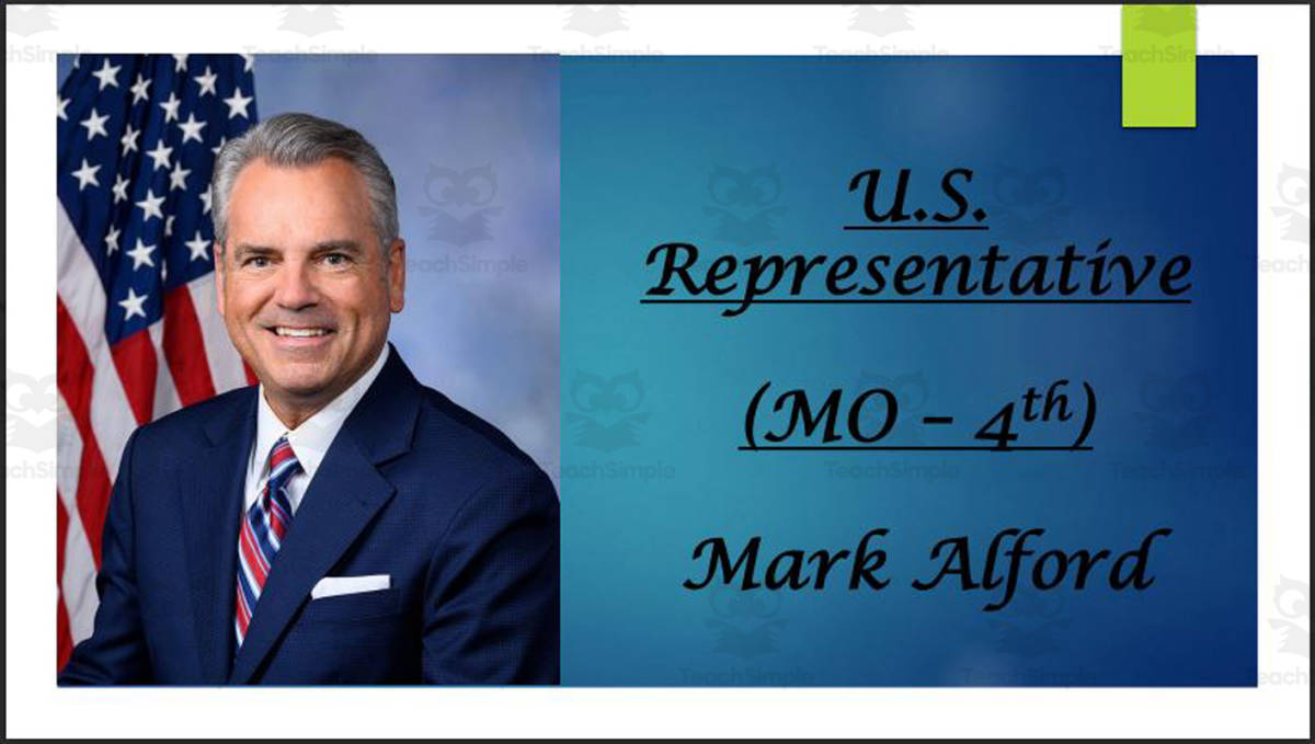 An educational teaching resource from Mr. Matthews Teacher Store entitled U.S. Representative Mark Alford (MO - 4th) BIO PPT downloadable at Teach Simple.